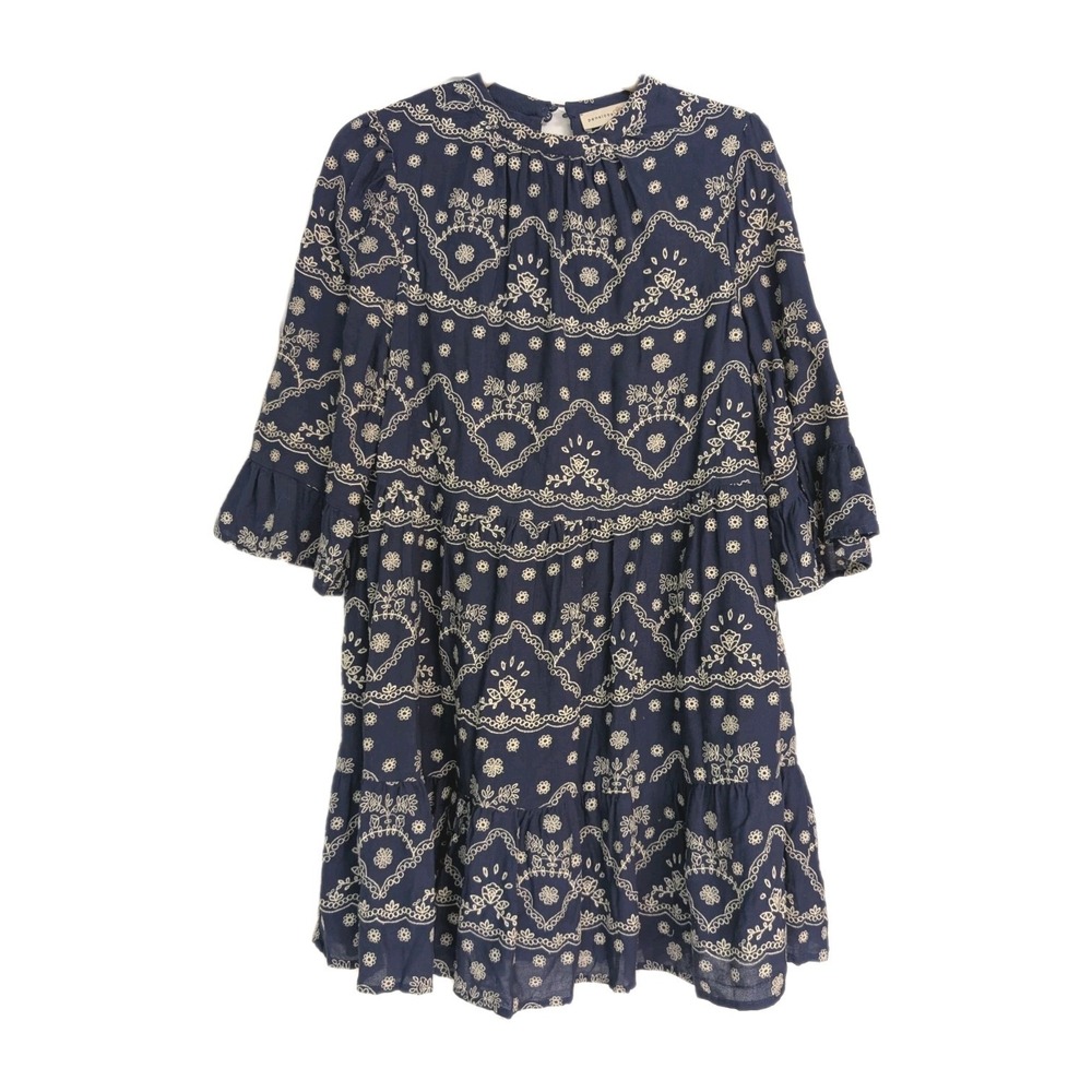 Floral Embroidered Mini Smock Dress with Flare Flowly Sleeve Sz M Navy White - Picture 1 of 5